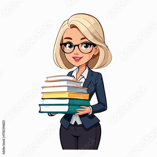 Smiling woman with glasses holding books cartoon illustration isolated