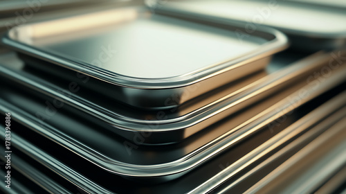 Elevated Metal Trays: A stack of shiny metal trays, showcasing sleek industrial design and uniform shapes. The reflections create an eye-catching pattern. Metallic textures.