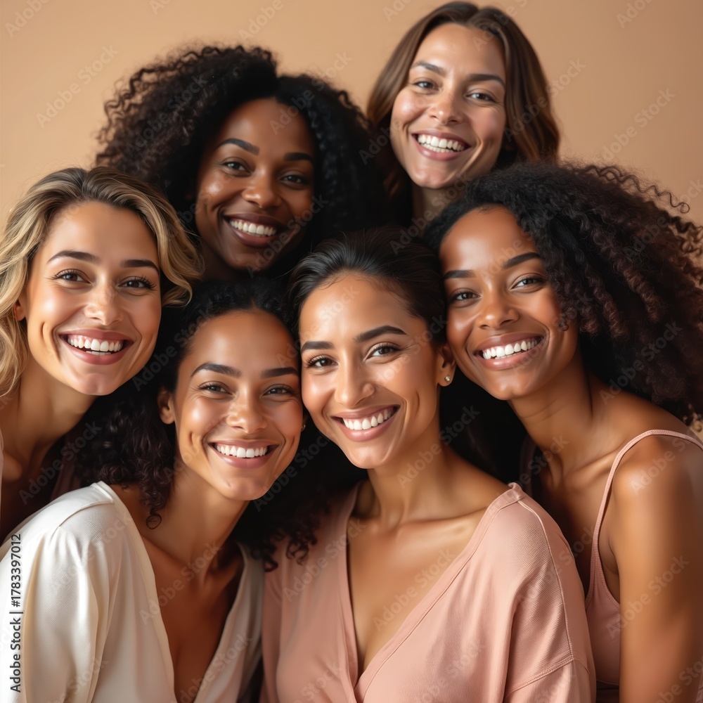 Fototapeta premium Diverse beautiful women group smile, look at camera. Show natural beauty, confidence, genuine friendship. Different races come together, celebrate unity, self-care, empowerment. Happy female