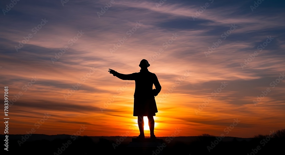 Fototapeta premium Silhouette of a statue pointing at the horizon against a dramatic sunset background offering a