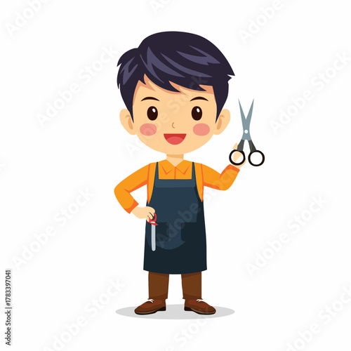 Stylized barber with scissors and apron illustration on white background