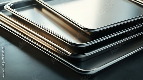A stack of shiny, rectangular metal trays sit neatly on a dark surface, the metal edges reflecting light and creating an abstract geometric composition with a modern feel.