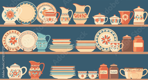 A collection of beautifully decorated traditional ceramic kitchenware and crockery displayed neatly on wooden shelves.