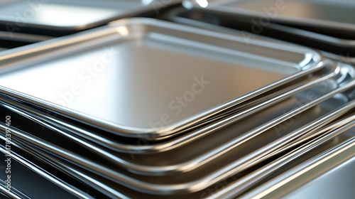 Silver Serving Trays Stacked Neatly - A close-up shot of several square silver serving trays stacked neatly on top of each other, showcasing minimalist design and metallic sheen.