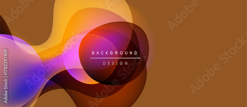 Abstract fluid shapes overlap, creating vibrant color gradients. Warm tones dominate with purple accents. Minimalist text reads background design.