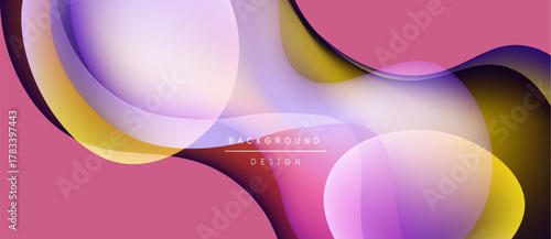 Abstract fluid shapes overlap, creating vibrant pink, purple, gold gradients. Modern design suggests movement, energy, depth. Text reads background design.