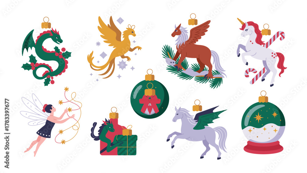 Naklejka premium Enchanted Christmas Ornament: Festive collection of fantastical creatures, including dragons, unicorns, and fairies, adorning Christmas ornaments. A celebration of fantasy and holiday cheer.