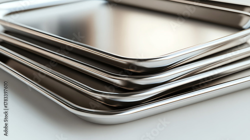 Stack of shiny metal trays ready for use. Minimalist composition with clean lines and smooth surfaces creating a visual texture and appealing to the eye. Simplicity at its finest!