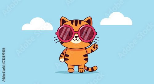 Cartoon Orange Cat Wearing Sunglasses Waving Hello Cute Illustration.