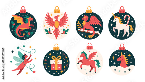 Festive Ornament Designs: Colorful Christmas ornaments with whimsical illustrations, capturing the spirit of the holiday season with delightful and imaginative patterns.