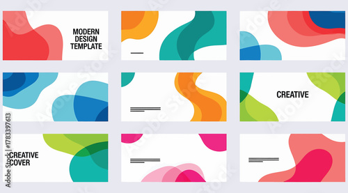 Abstract colorful fluid shapes on a clean, representing modern design templates and creative cover layouts with a minimalist aesthetic and vibrant color palette