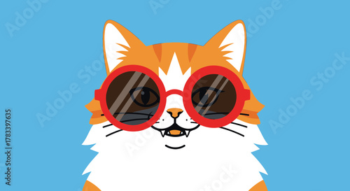 Cool orange and white cartoon cat with a fluffy mane wearing red round sunglasses and smiling.