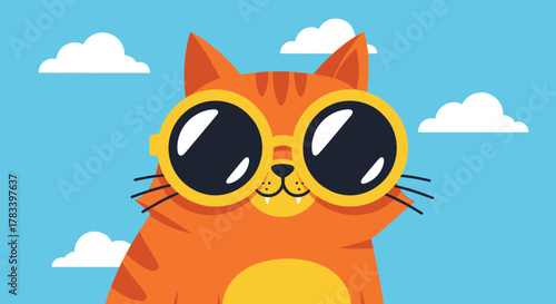 Cute orange cartoon cat wearing large yellow goggles showing tiny fangs flat vector illustration.