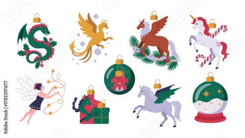 Enchanted Christmas Ornament: Festive collection of fantastical creatures, including dragons, unicorns, and fairies, adorning Christmas ornaments. A celebration of fantasy and holiday cheer.