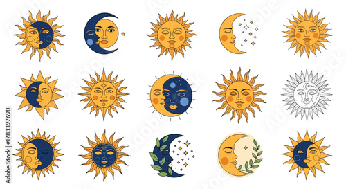 Diverse mystical sun and moon illustrations featuring celestial designs with faces, stars, and bohemian elements.