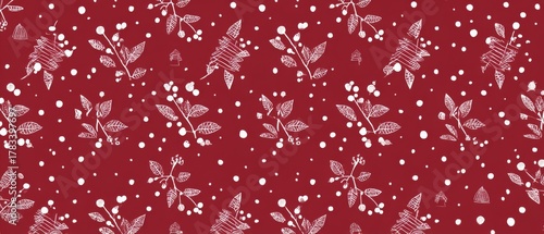red botanical pattern with white floral silhouettes, seamless festive background