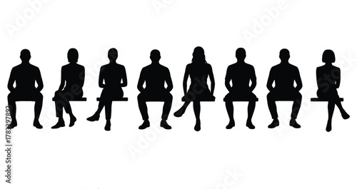 Seated People Silhouettes Set | Group Sitting on Bench Vector | Audience Waiting Body Shapes