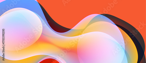 Abstract fluid shapes blend vibrant colors. Orange, blue, yellow create dynamic composition. Smooth gradients suggest movement, energy.
