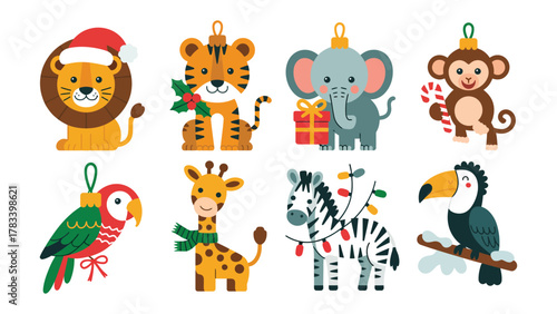 Festive Wildlife Ornaments: Delightful array of hand-drawn animal ornaments, each adorned with seasonal cheer, perfect for holiday decoration and festive fun.