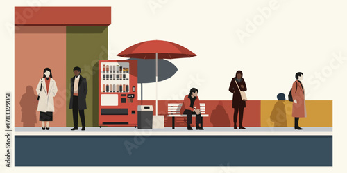 Flat vector illustration of a diverse group of people waiting for public transportation at a modern city station platform