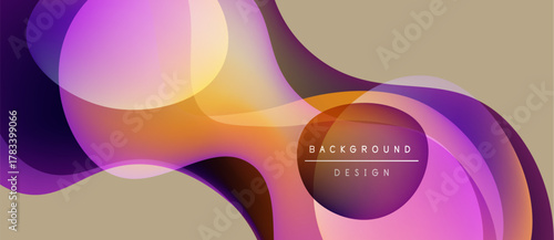 Abstract fluid shapes, vibrant colors blend. Modern design, dynamic composition, soft gradients create visual interest. Beige background complements purple, orange hues.