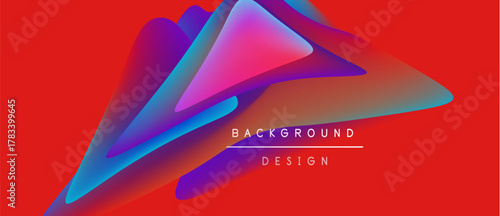 Abstract fluid shapes overlap, creating vibrant color gradients. Red background emphasizes dynamic design elements. Modern aesthetic.