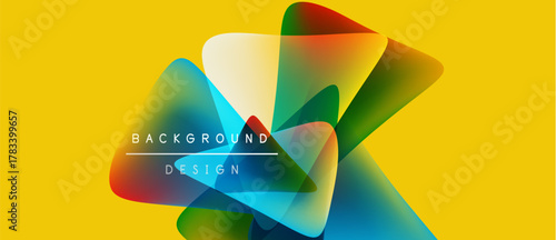 Abstract colorful shapes overlap yellow backdrop. Modern design elements create dynamic visual impact. Text reads background design.