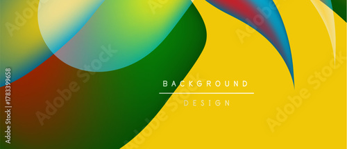 Abstract fluid shapes overlap, creating vibrant color gradients. Yellow dominates bottom, green and red visible too. Text reads background design.