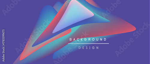 Abstract shapes overlap, creating vibrant color gradients. Purple background enhances dynamic visual effect. Modern design element.