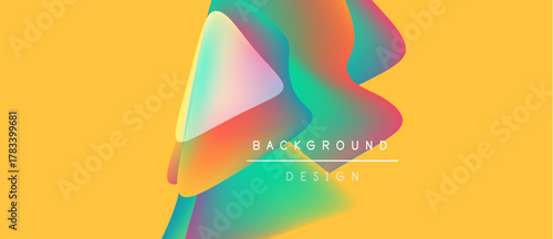 Abstract colorful shapes overlap yellow backdrop. Modern design elements create dynamic visual impact. Smooth gradients enhance aesthetic appeal.