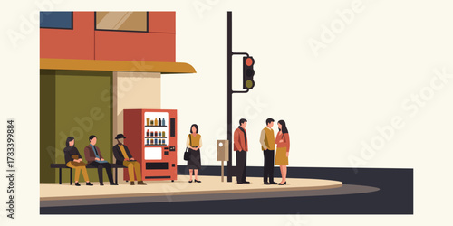Vibrant urban street scene illustration depicting diverse people waiting at a city bus stop near a vending machine, showcasing daily city life