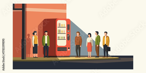 People waiting in line near a vending machine on a city street at sunset, illustration