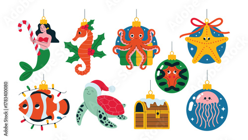 Underwater Christmas ornaments Collection: A charming collection of Christmas ornaments, each adorned with a festive underwater creature or element.