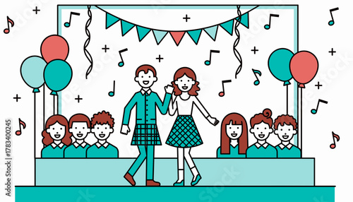 Couple dancing at New Year's party with guests and decorations  