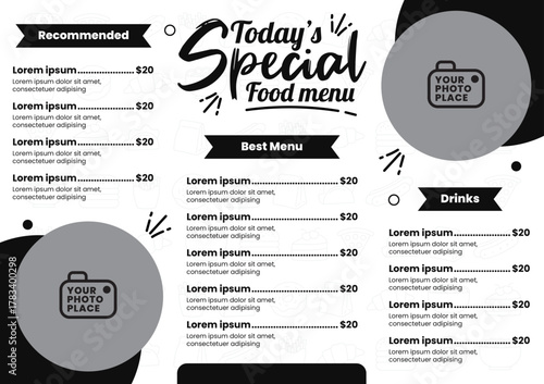 Today special food menu template with minimalist color black and white