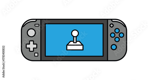 Handheld game console with joystick on blue screen, portable gaming device concept