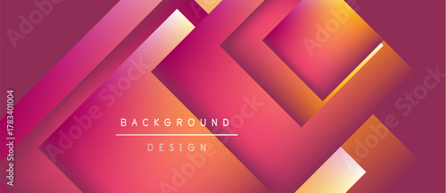 Abstract geometric shapes blend vibrant pinks, oranges, yellows. Modern design features layered squares, gradients, text elements.