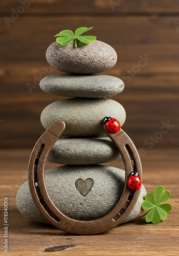 Stacked stones with horseshoe and ladybugs, symbol of luck and nature.