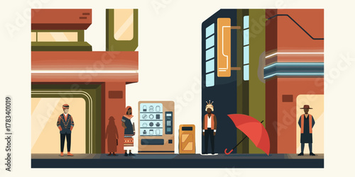 Stylized vector illustration of a quiet urban street corner with pedestrians, modern buildings, and a red umbrella