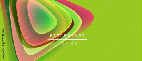Abstract colorful layers overlap, creating dynamic visual effect. Bright green background complements vibrant shapes, modern design element.
