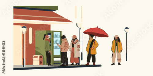 People Waiting in Line at a Vending Machine on a City Street Under Various Weather Conditions