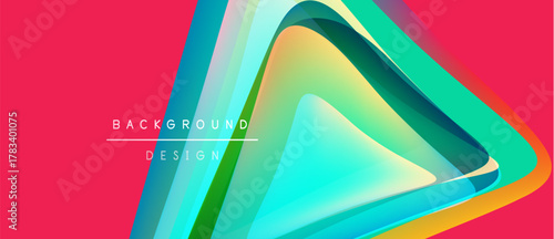 Vibrant abstract design features layered triangles, gradients. Pink backdrop complements colorful geometric shapes, modern aesthetic.