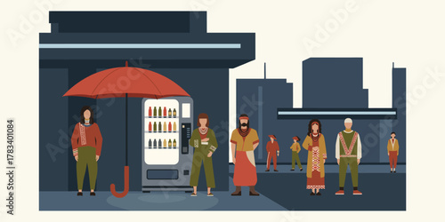 Diverse group of people gathered around a vending machine under an umbrella on a city street