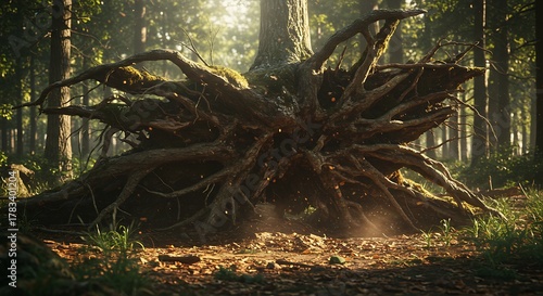 Sunlit Forest Floor with Exposed Tree Roots and Moss.