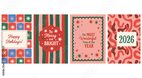 A collection of four festive christmas and new year greeting card designs, featuring various holiday themes, patterns, and messages, perfect for seasonal celebrations and well wishes