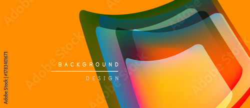 Abstract layers create vibrant, flowing design. Orange backdrop emphasizes colorful translucent shapes. Modern visual element.