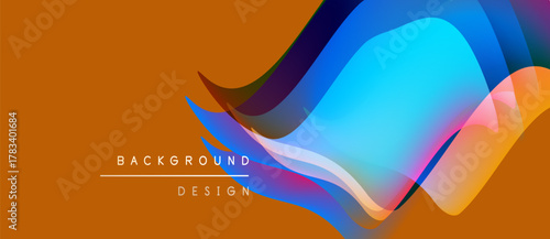 Abstract fluid shapes overlap orange backdrop. Dynamic design features vibrant blues, purples, hints coral. Modern aesthetic, suitable backgrounds.