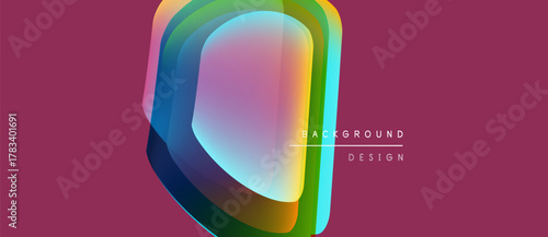 Abstract geometric shapes overlap, creating vibrant color gradients. Background is deep magenta. Design feels modern, dynamic.