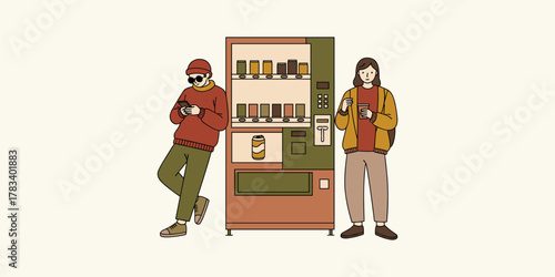 People using their phones while standing by a vending machine