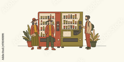 Modern urban convenience diverse individuals engaging with automated vending machines for quick and easy access to a variety of snacks and beverages